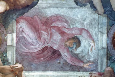 Sixtinische Kapelle Decke: Gott trennt Licht von Dunkelheit (vor der Restaurierung)
